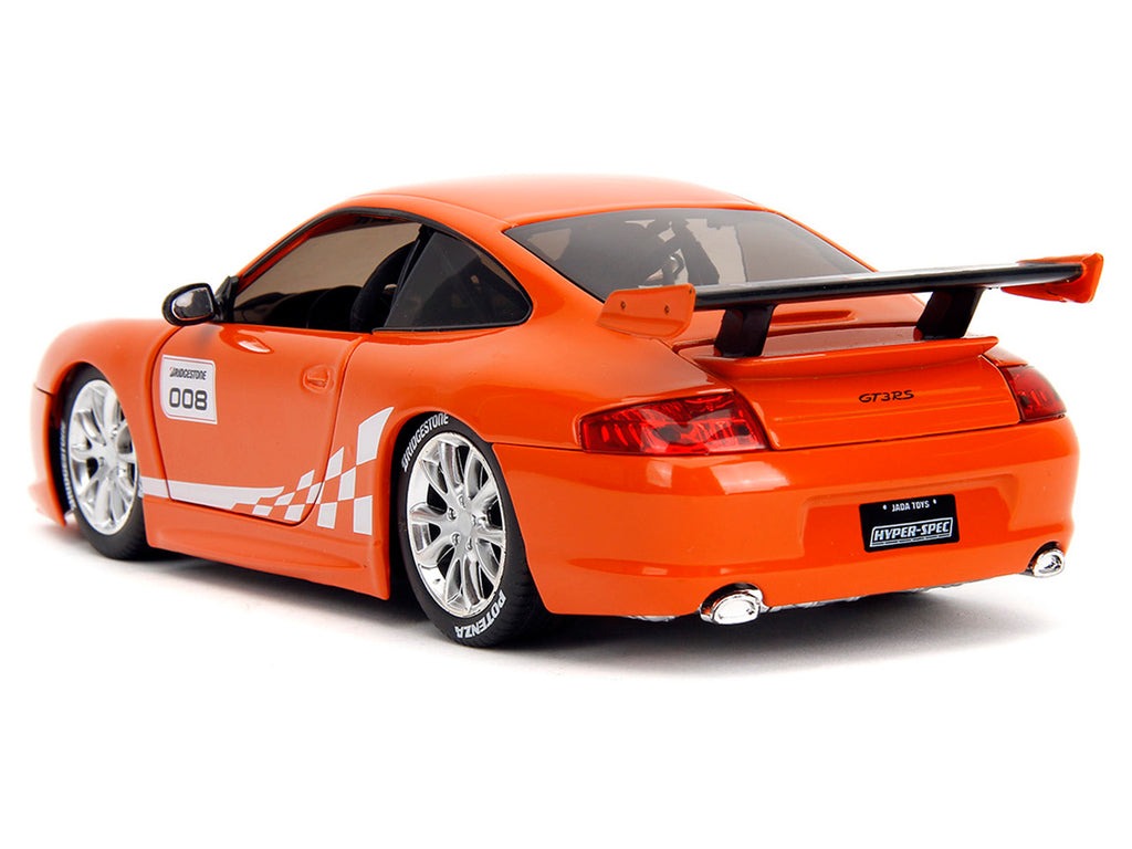 Porsche 911 GT3 RS (996) #008 'Bridgestone' Orange Metallic with White Graphics 'Hyper-Spec' Series 1/24 Diecast Model Car by Jada