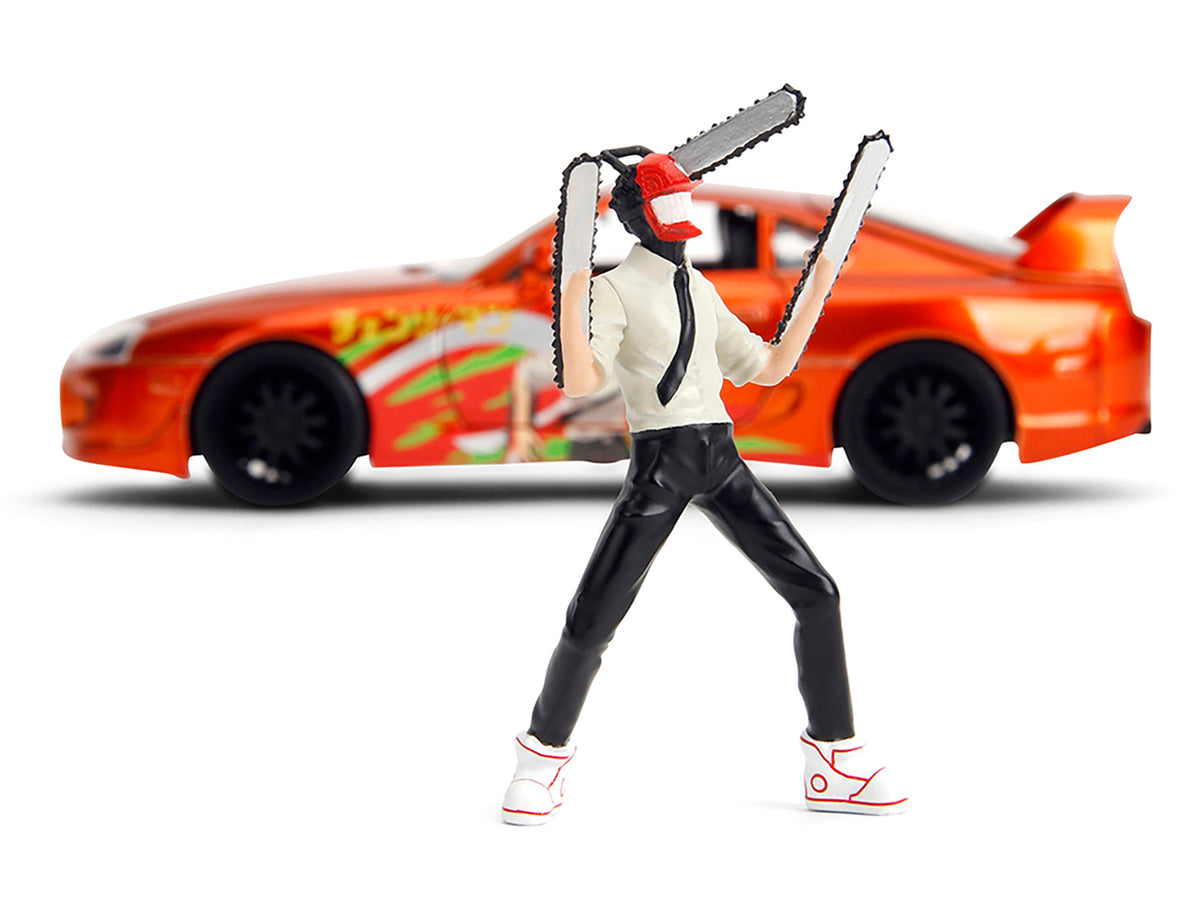1995 Toyota Supra Orange Metallic with Graphics and Chainsaw Man Diecast Figure 'Chainsaw Man' (2022) TV Series 'Anime Hollywood Rides' Series 1/24 Diecast Model by Jada