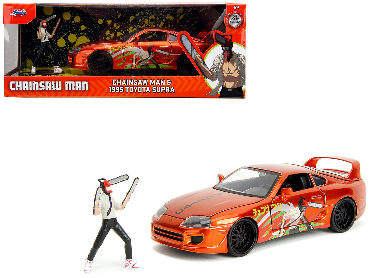 1995 Toyota Supra Orange Metallic with Graphics and Chainsaw Man Diecast Figure 'Chainsaw Man' (2022) TV Series 'Anime Hollywood Rides' Series 1/24 Diecast Model by Jada