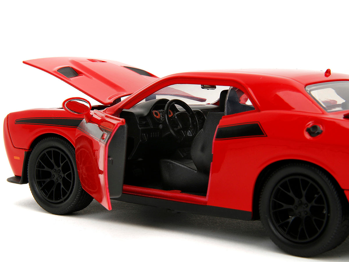 2015 Dodge Challenger Red with Black Stripes and Glenn Diecast Figure 'The Walking Dead' (2010-2022) TV Series 'Hollywood Rides' Series 1/24 Diecast Model Car by Jada