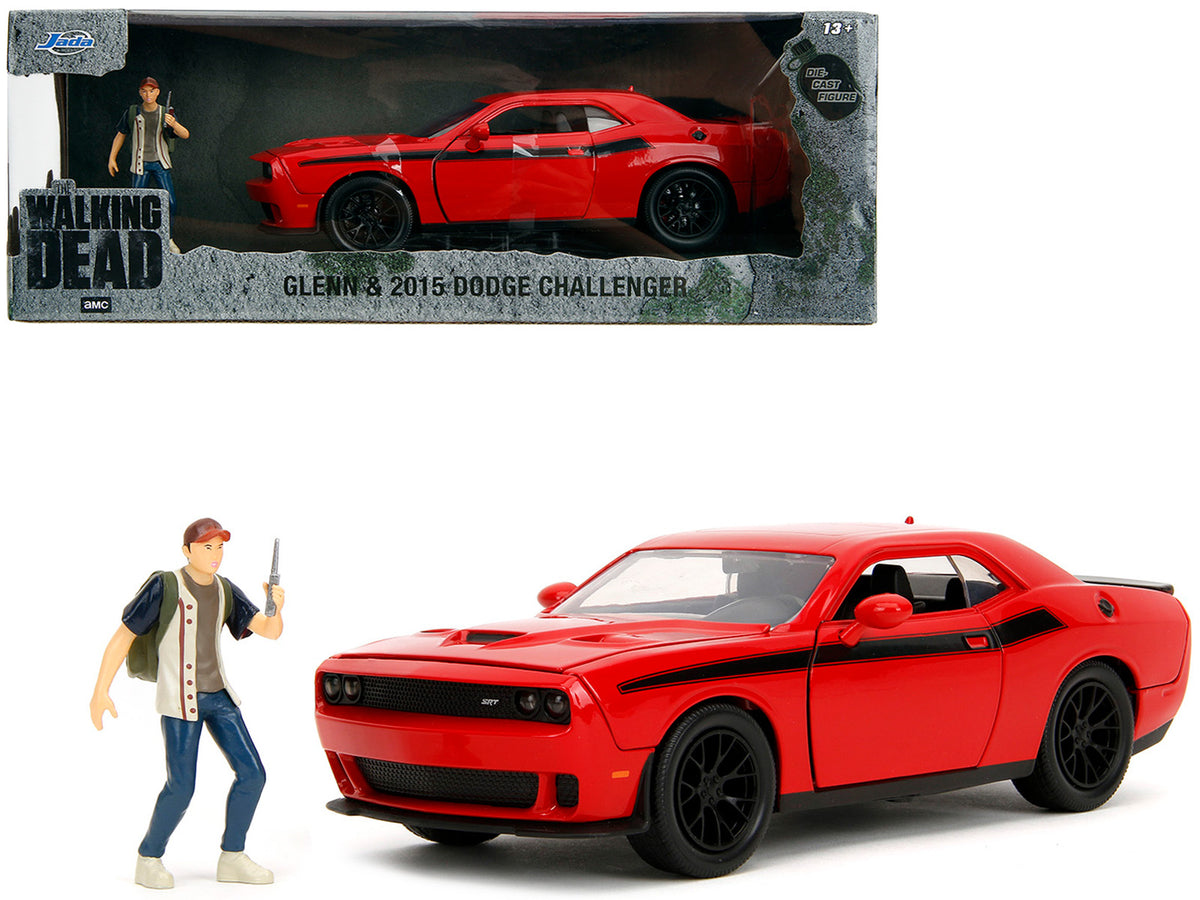 2015 Dodge Challenger Red with Black Stripes and Glenn Diecast Figure 'The Walking Dead' (2010-2022) TV Series 'Hollywood Rides' Series 1/24 Diecast Model Car by Jada
