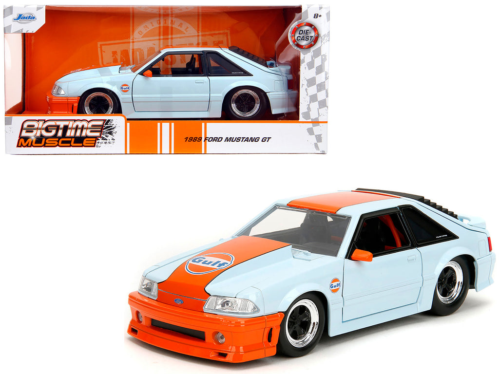 1989 Ford Mustang GT 'Gulf Oil' Light Blue with Orange Stripe 'Bigtime Muscle' Series 1/24 Diecast Model Car by Jada