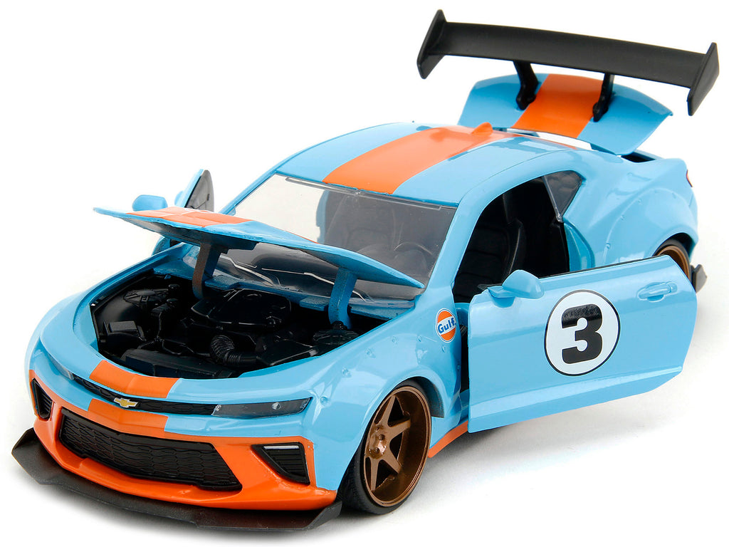 2016 Chevrolet Camaro Widebody #3 Light Blue with Orange Stripes 'Gulf Oil' 'Wide Body' Series 1/24 Diecast Model Car by Jada