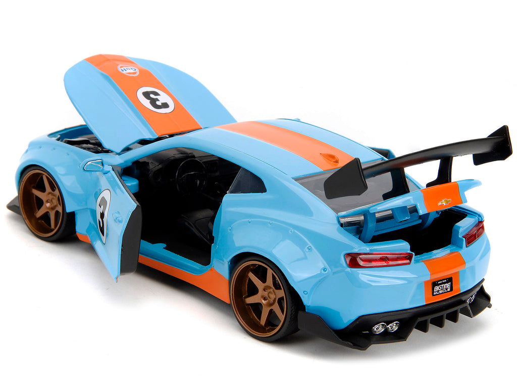 2016 Chevrolet Camaro Widebody #3 Light Blue with Orange Stripes 'Gulf Oil' 'Wide Body' Series 1/24 Diecast Model Car by Jada