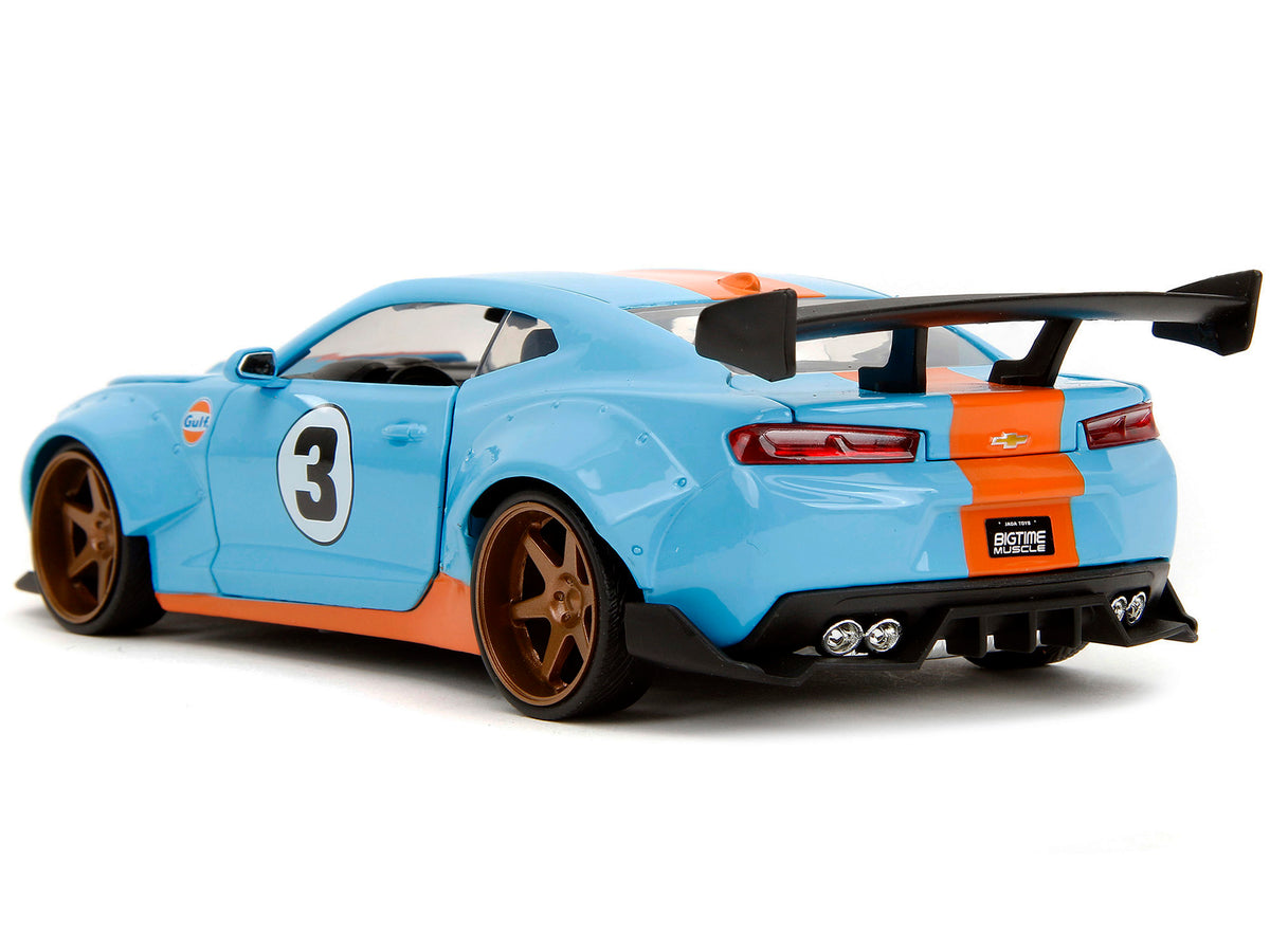 2016 Chevrolet Camaro Widebody #3 Light Blue with Orange Stripes 'Gulf Oil' 'Wide Body' Series 1/24 Diecast Model Car by Jada