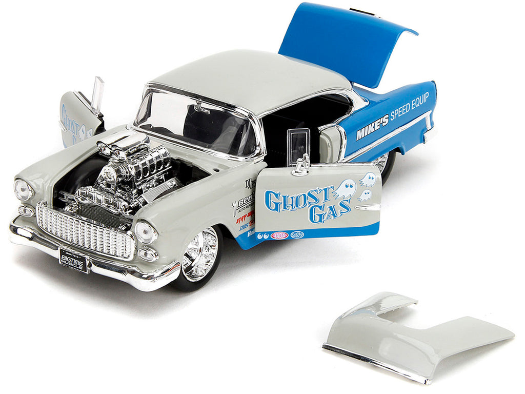 1955 Chevrolet Bel Air 'Ghost Gas - Mike's Speed Equip' Light Gray and Blue 'Bigtime Muscle' Series 1/24 Diecast Model Car by Jada