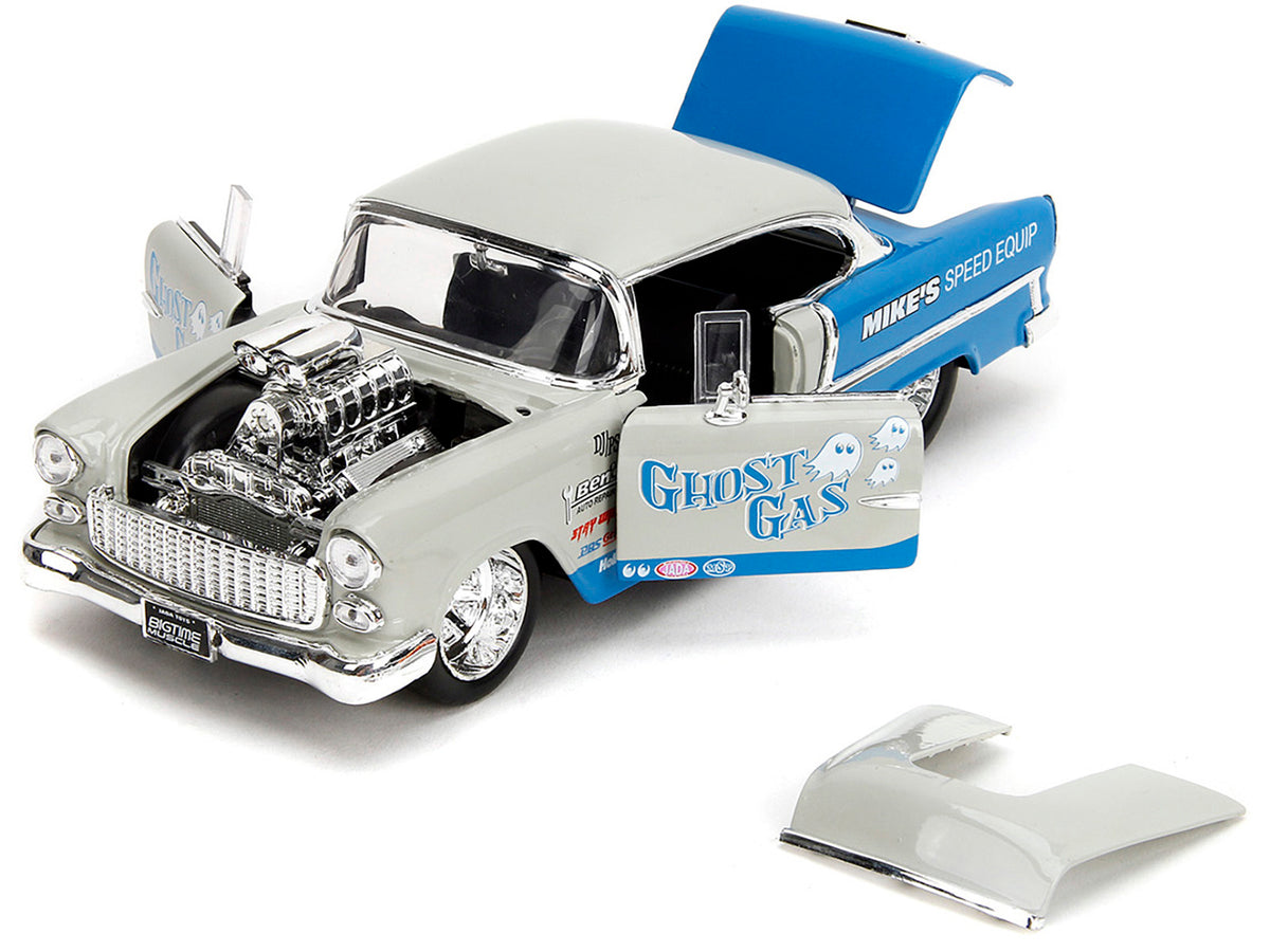 1955 Chevrolet Bel Air 'Ghost Gas - Mike's Speed Equip' Light Gray and Blue 'Bigtime Muscle' Series 1/24 Diecast Model Car by Jada