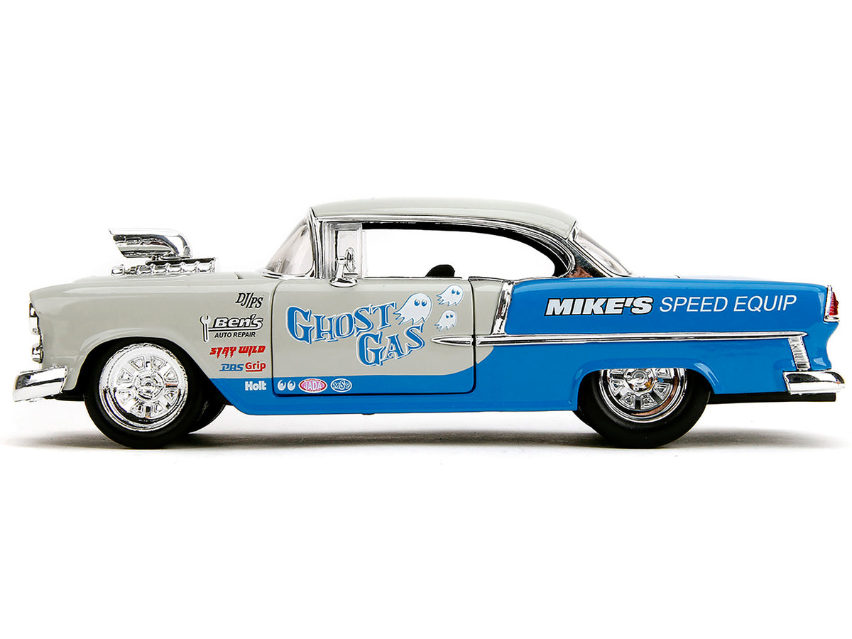 1955 Chevrolet Bel Air 'Ghost Gas - Mike's Speed Equip' Light Gray and Blue 'Bigtime Muscle' Series 1/24 Diecast Model Car by Jada