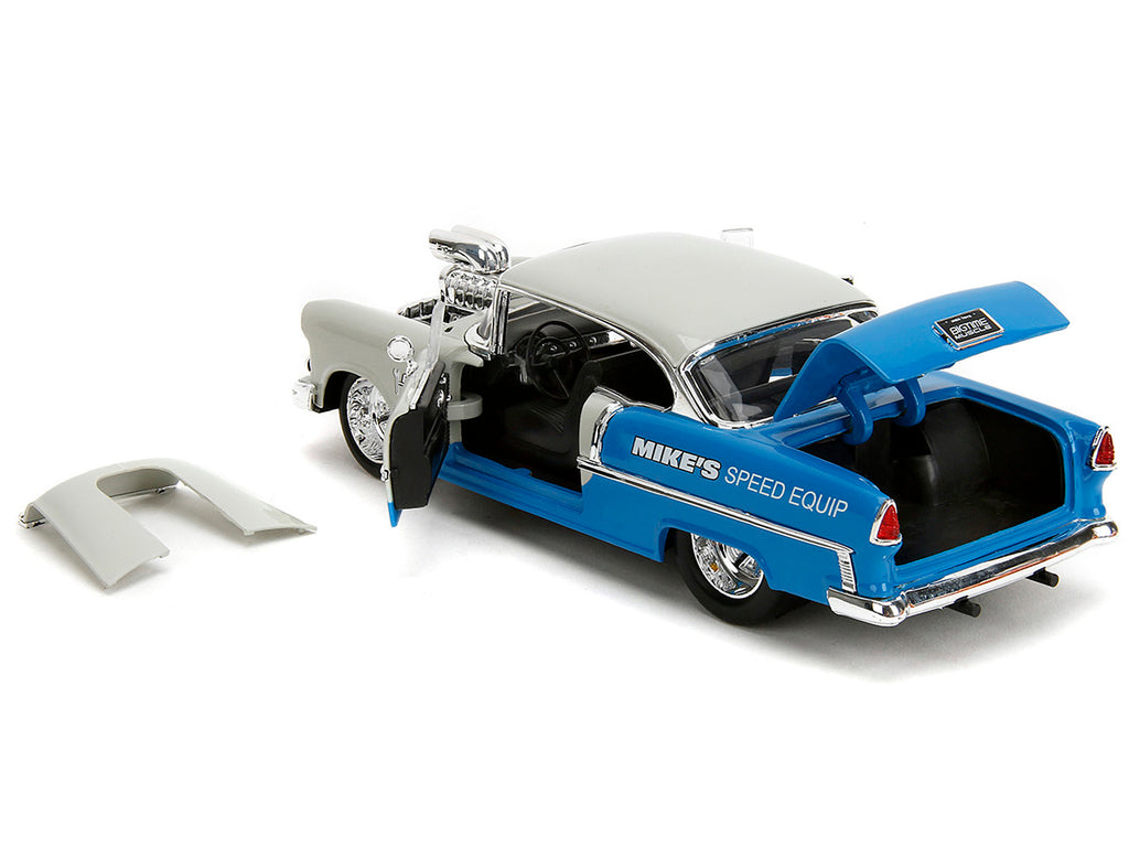 1955 Chevrolet Bel Air 'Ghost Gas - Mike's Speed Equip' Light Gray and Blue 'Bigtime Muscle' Series 1/24 Diecast Model Car by Jada