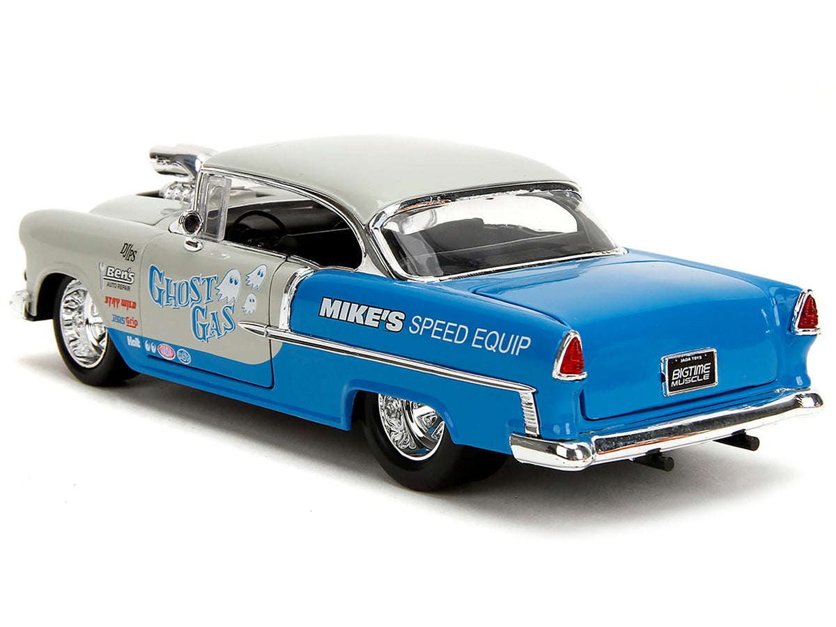 1955 Chevrolet Bel Air 'Ghost Gas - Mike's Speed Equip' Light Gray and Blue 'Bigtime Muscle' Series 1/24 Diecast Model Car by Jada