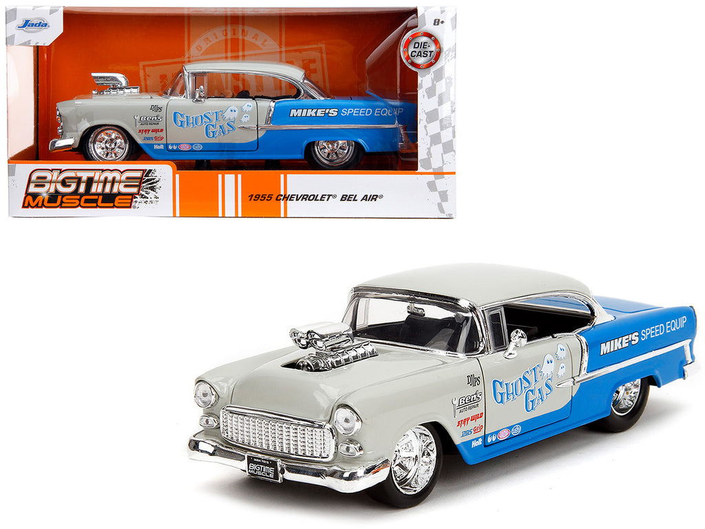 1955 Chevrolet Bel Air 'Ghost Gas - Mike's Speed Equip' Light Gray and Blue 'Bigtime Muscle' Series 1/24 Diecast Model Car by Jada