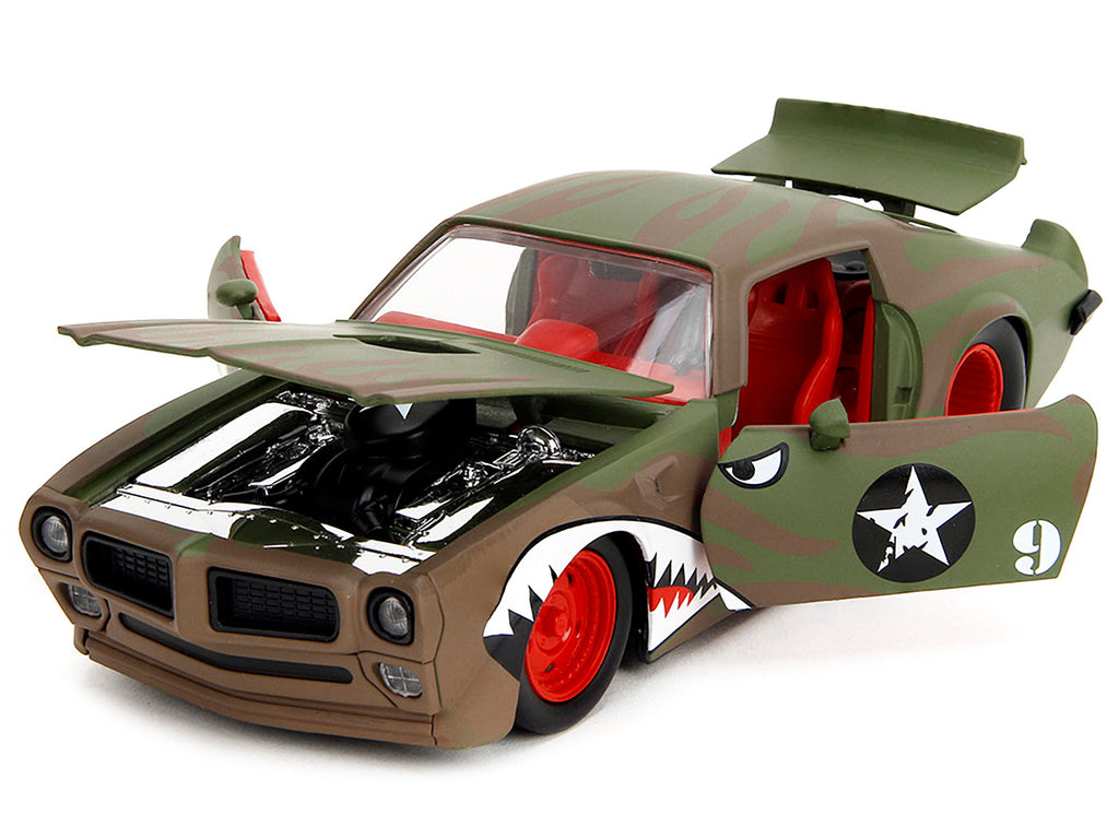 1972 Pontiac Firebird #9 Green Camouflage Flames with Graphics and Red Interior 'Bigtime Muscle' Series 1/24 Diecast Model Car by Jada