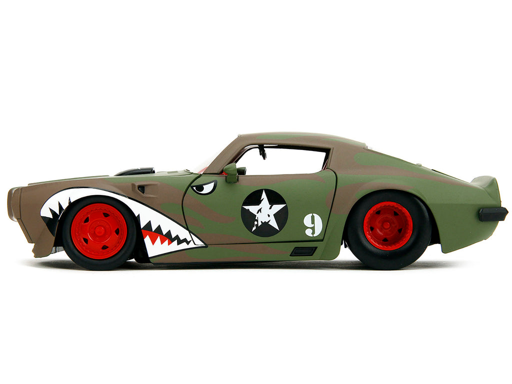 1972 Pontiac Firebird #9 Green Camouflage Flames with Graphics and Red Interior 'Bigtime Muscle' Series 1/24 Diecast Model Car by Jada