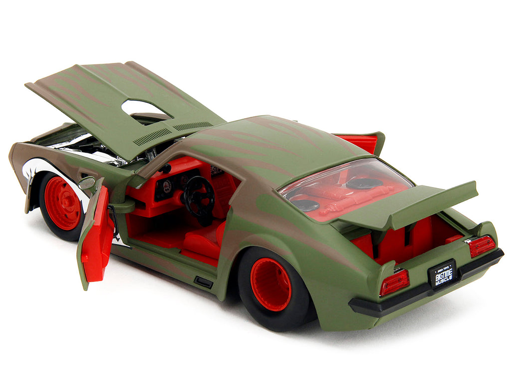 1972 Pontiac Firebird #9 Green Camouflage Flames with Graphics and Red Interior 'Bigtime Muscle' Series 1/24 Diecast Model Car by Jada