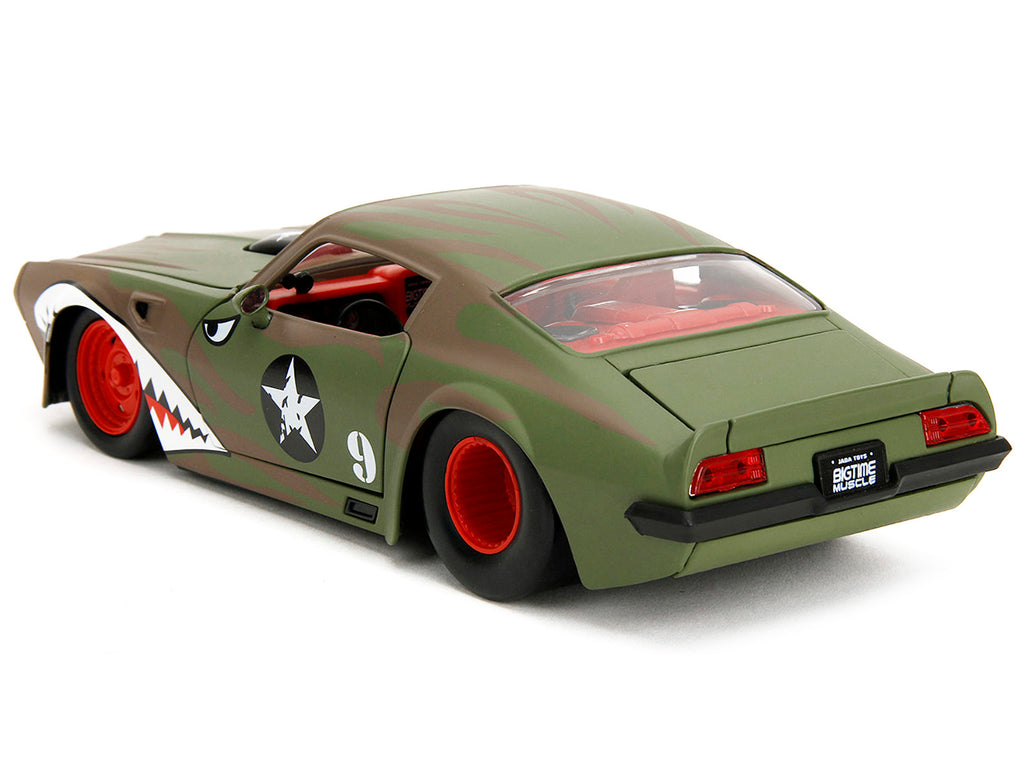 1972 Pontiac Firebird #9 Green Camouflage Flames with Graphics and Red Interior 'Bigtime Muscle' Series 1/24 Diecast Model Car by Jada