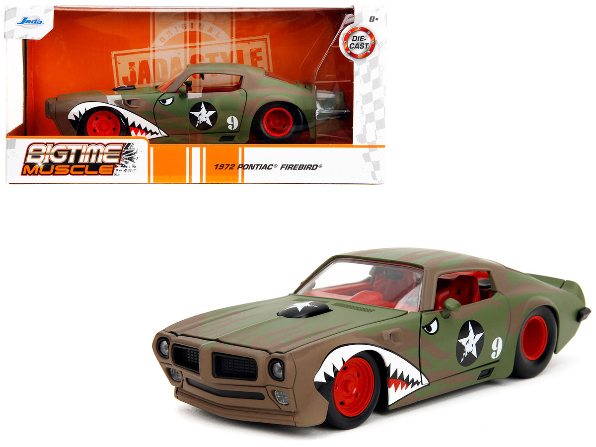 1972 Pontiac Firebird #9 Green Camouflage Flames with Graphics and Red Interior 'Bigtime Muscle' Series 1/24 Diecast Model Car by Jada