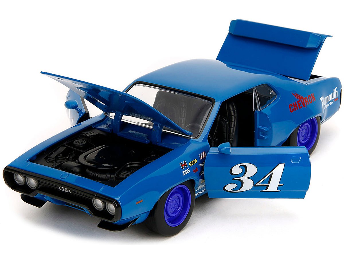 1972 Plymouth GTX #34 Blue with Graphics 'Bigtime Muscle' Series 1/24 Diecast Model Car by Jada