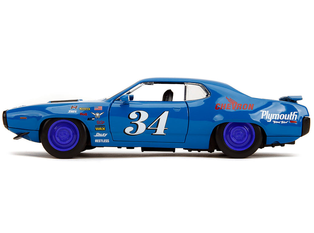 1972 Plymouth GTX #34 Blue with Graphics 'Bigtime Muscle' Series 1/24 Diecast Model Car by Jada