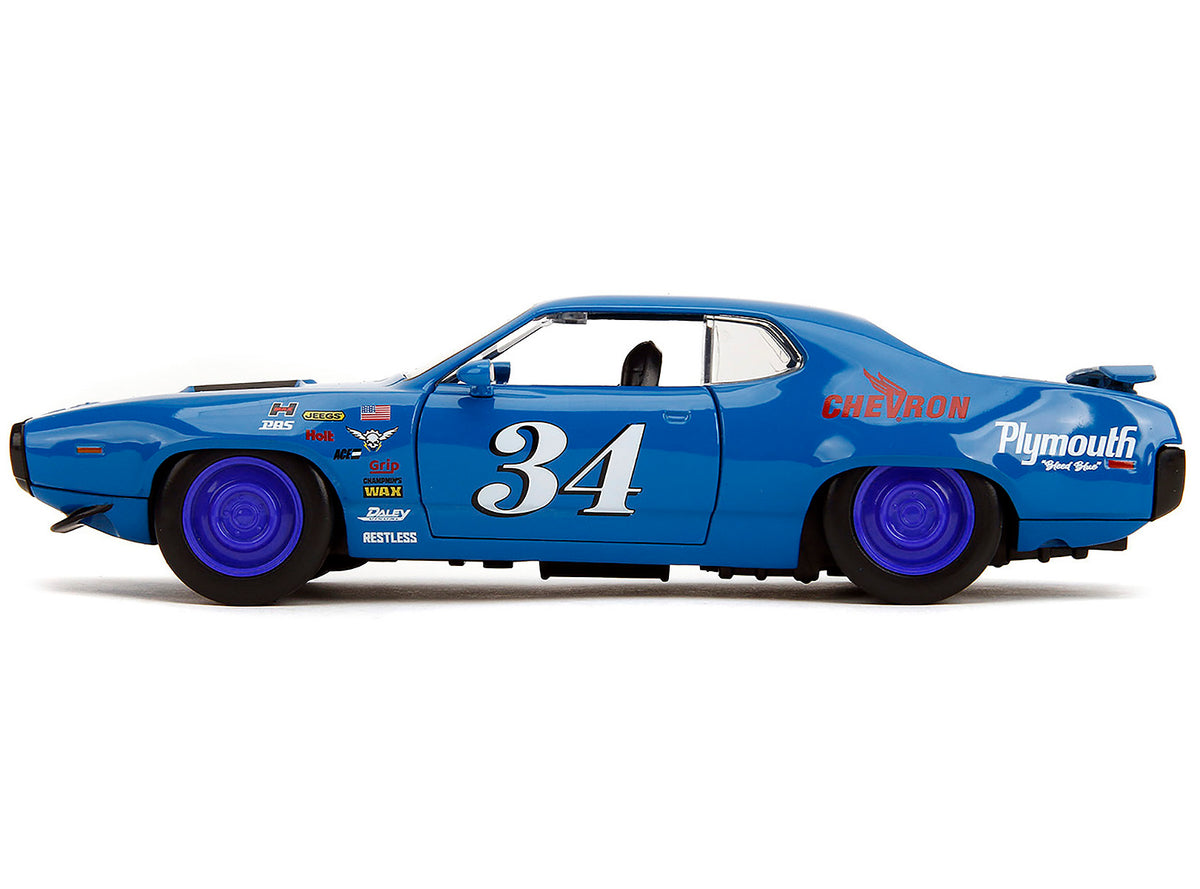 1972 Plymouth GTX #34 Blue with Graphics 'Bigtime Muscle' Series 1/24 Diecast Model Car by Jada