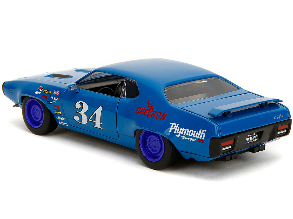 1972 Plymouth GTX #34 Blue with Graphics 'Bigtime Muscle' Series 1/24 Diecast Model Car by Jada