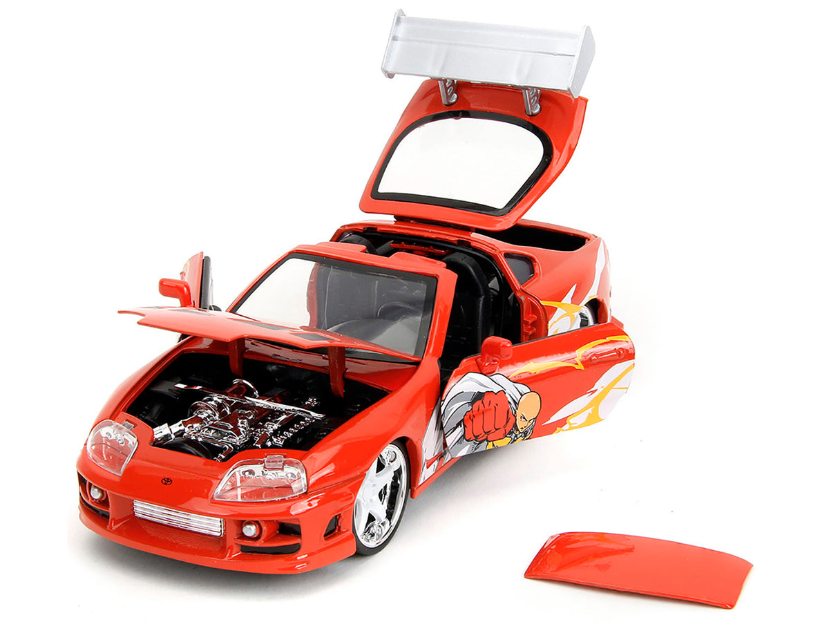 1995 Toyota Supra Red with Graphics and Saitama Diecast Figure 'One Punch Man' (2015-2019) TV Series 1/24 Diecast Model by Jada