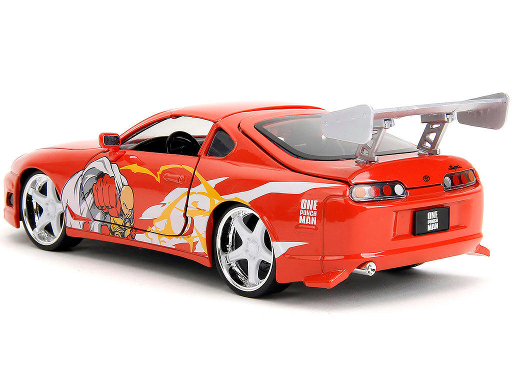 1995 Toyota Supra Red with Graphics and Saitama Diecast Figure 'One Punch Man' (2015-2019) TV Series 1/24 Diecast Model by Jada