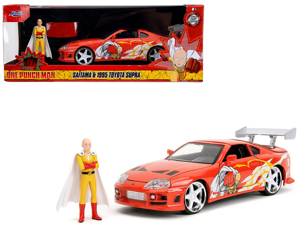 1995 Toyota Supra Red with Graphics and Saitama Diecast Figure 'One Punch Man' (2015-2019) TV Series 1/24 Diecast Model by Jada