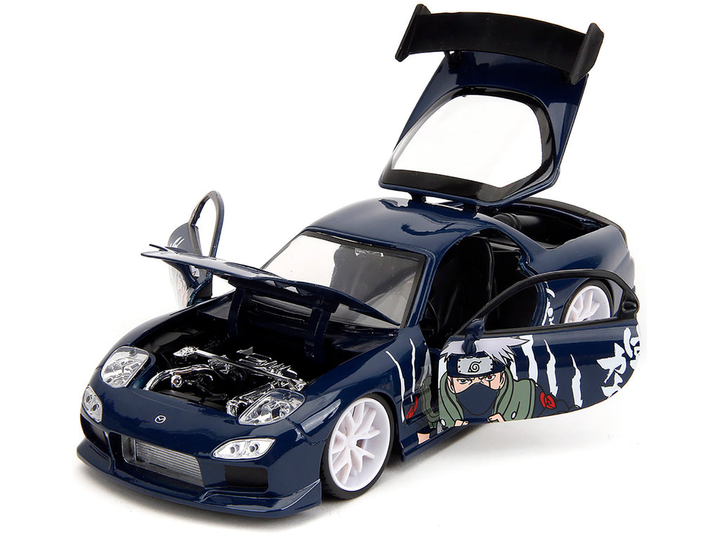 1993 Mazda RX-7 Dark Blue with Graphics and Kakashi Hatake Diecast Figure 'Naruto Shippuden' (2009-2017) TV Series 'Anime Hollywood Rides' Series 1/24 Diecast Model Car by Jada