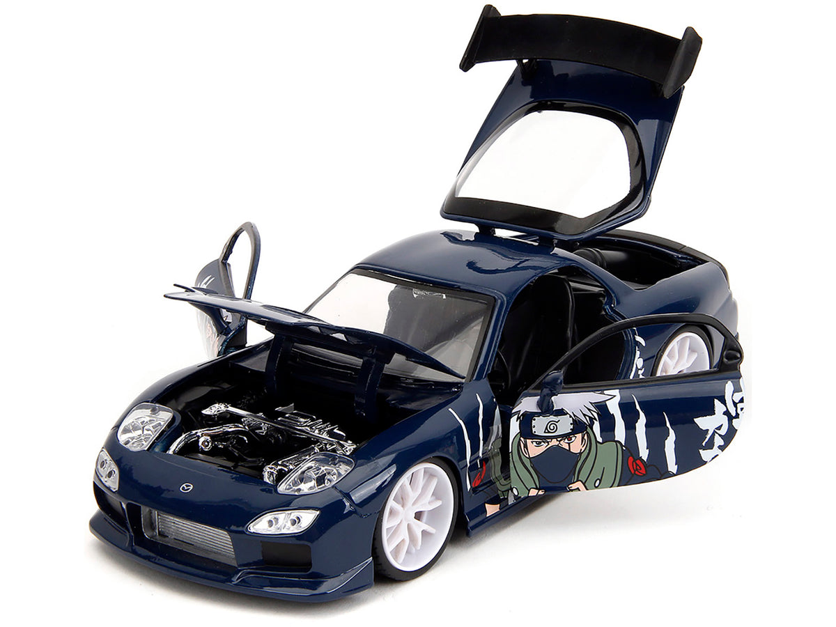 1993 Mazda RX-7 Dark Blue with Graphics and Kakashi Hatake Diecast Figure 'Naruto Shippuden' (2009-2017) TV Series 'Anime Hollywood Rides' Series 1/24 Diecast Model Car by Jada