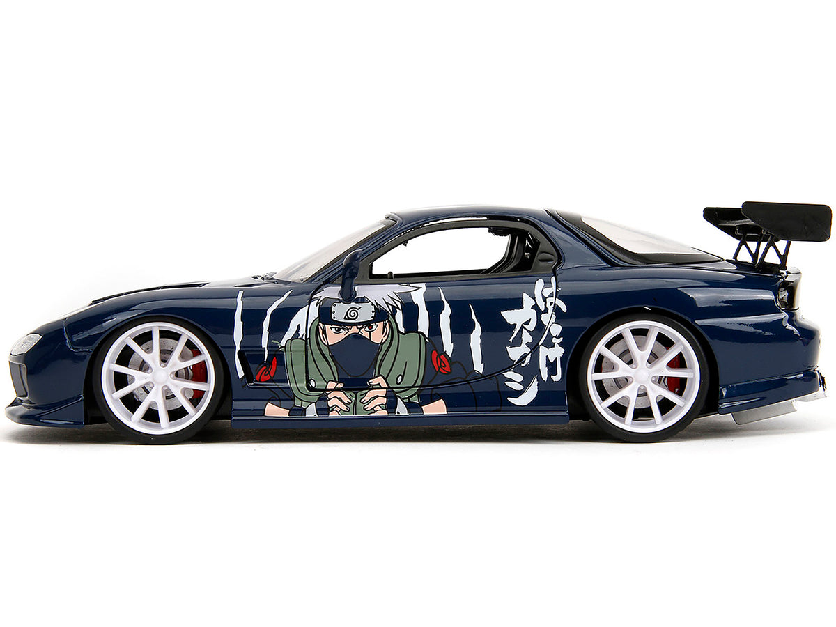 1993 Mazda RX-7 Dark Blue with Graphics and Kakashi Hatake Diecast Figure 'Naruto Shippuden' (2009-2017) TV Series 'Anime Hollywood Rides' Series 1/24 Diecast Model Car by Jada