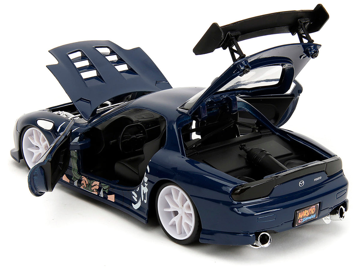 1993 Mazda RX-7 Dark Blue with Graphics and Kakashi Hatake Diecast Figure 'Naruto Shippuden' (2009-2017) TV Series 'Anime Hollywood Rides' Series 1/24 Diecast Model Car by Jada
