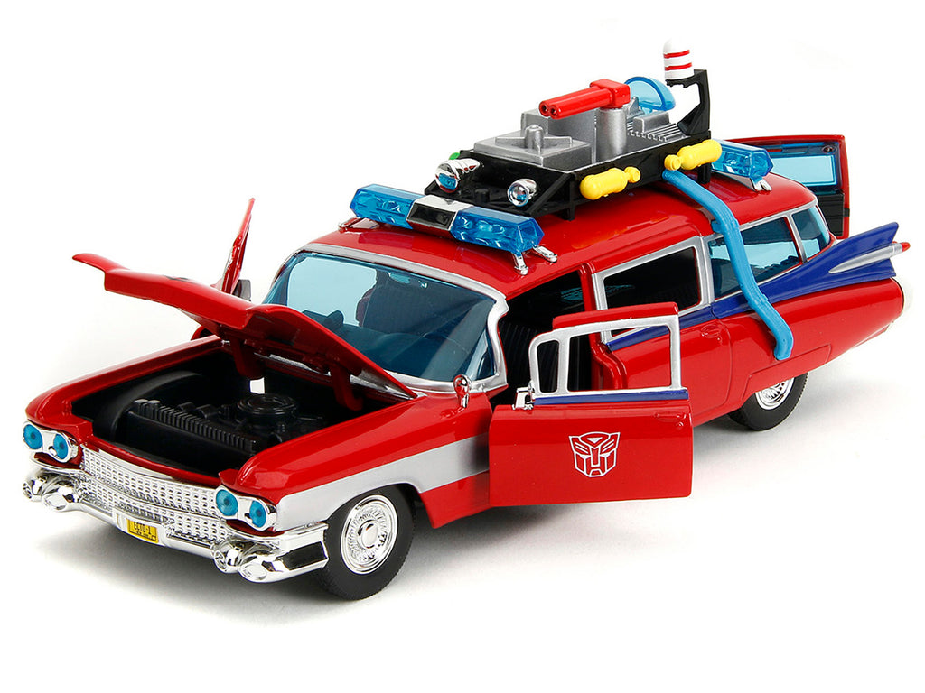 1959 Cadillac Ambulance Ecto-1 Red 'Transformers' TV Series - 'Ghostbusters' (1984) Movie Crossover 'Hollywood Rides' Series 1/24 Diecast Model Car by Jada