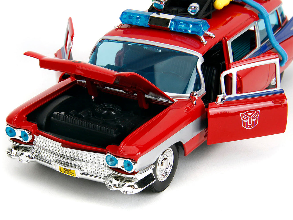 1959 Cadillac Ambulance Ecto-1 Red 'Transformers' TV Series - 'Ghostbusters' (1984) Movie Crossover 'Hollywood Rides' Series 1/24 Diecast Model Car by Jada