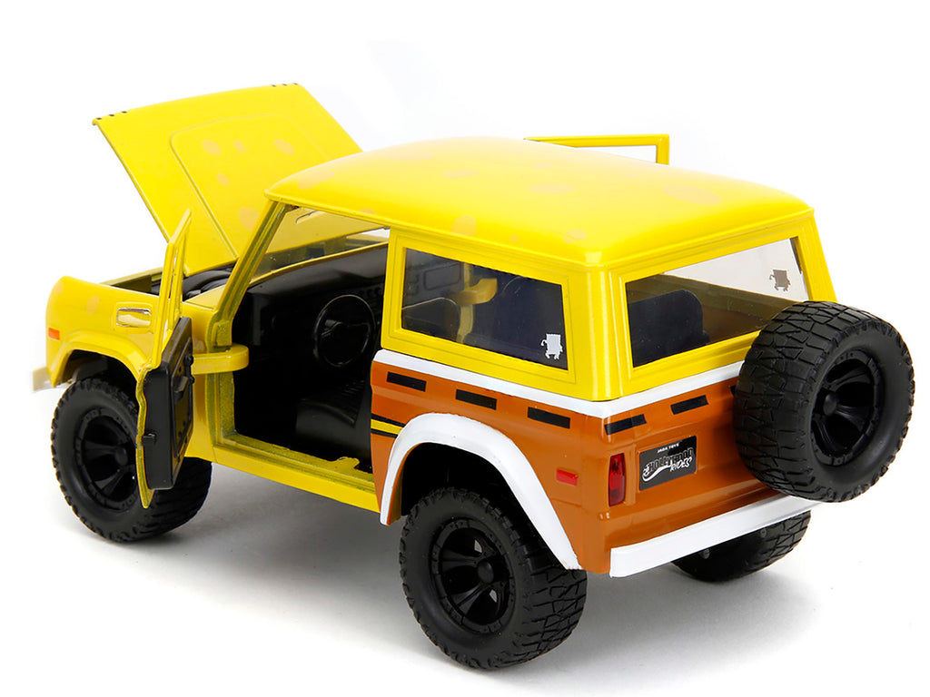 1973 Ford Bronco Yellow with Graphics and SpongeBob SquarePants Diecast Figure 'SpongeBob SquarePants' (1999–Current) TV Series 'Hollywood Rides' Series 1/24 Diecast Model Car by Jada