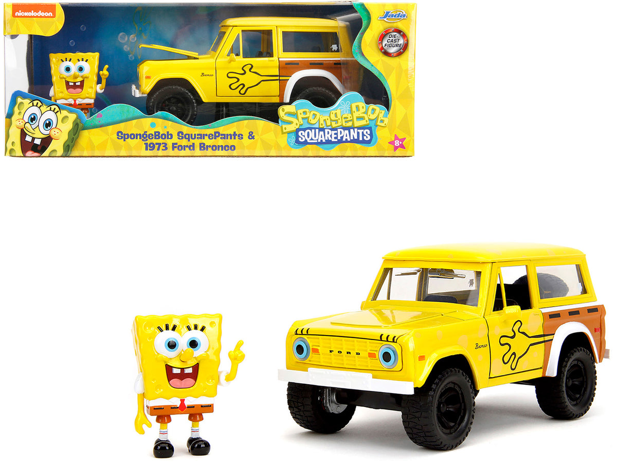 1973 Ford Bronco Yellow with Graphics and SpongeBob SquarePants Diecast Figure 'SpongeBob SquarePants' (1999–Current) TV Series 'Hollywood Rides' Series 1/24 Diecast Model Car by Jada