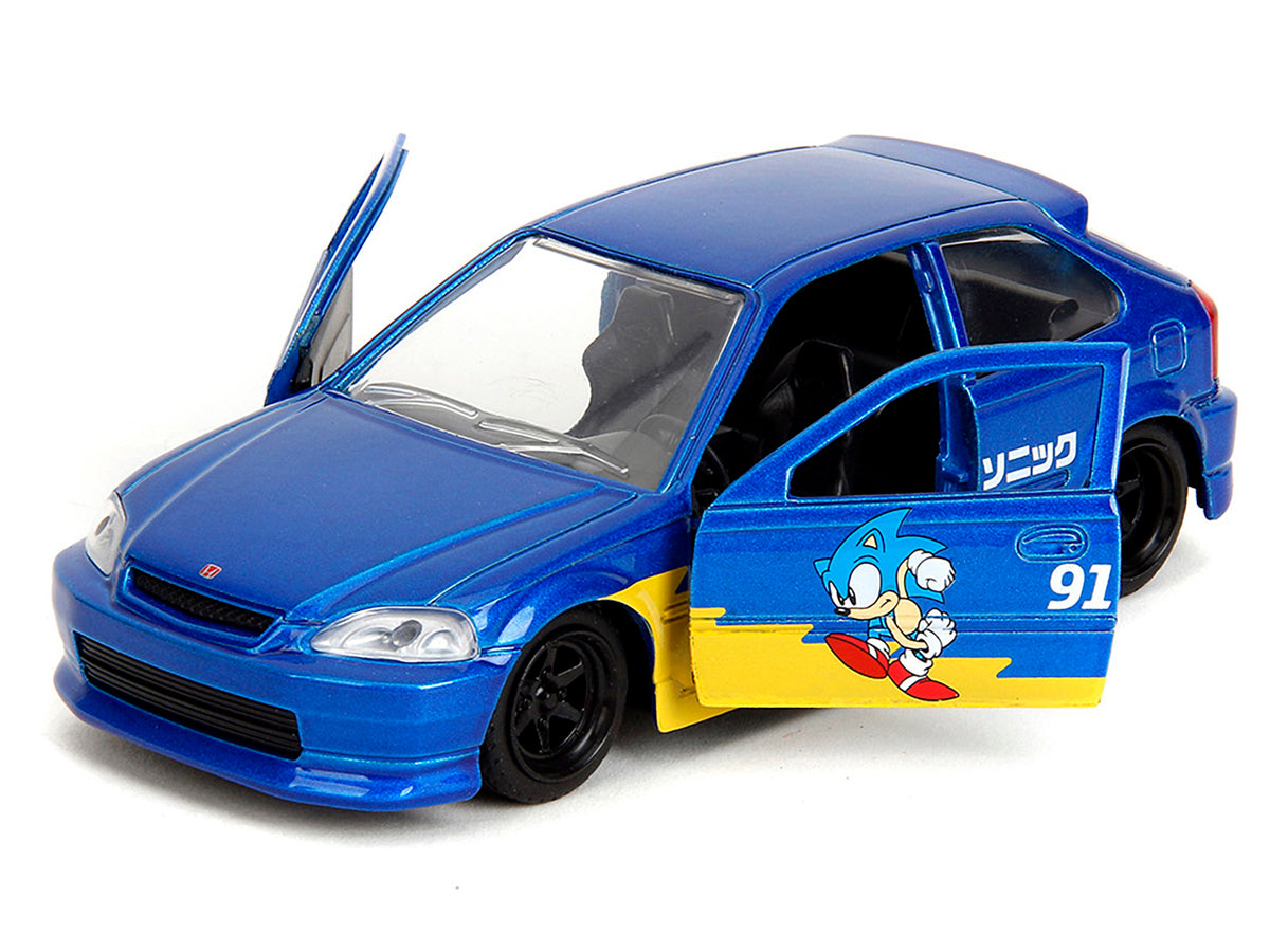 1997 Honda Civic Type R Blue Metallic with Graphics 'Sonic the Hedgehog' (1991) Video Game 'Hollywood Rides' Series 1/32 Diecast Model Car by Jada