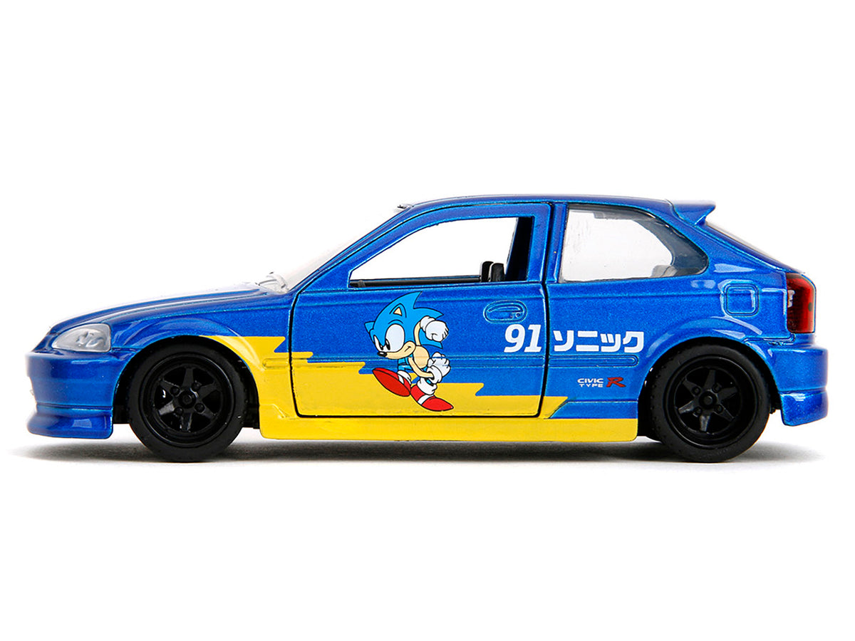 1997 Honda Civic Type R Blue Metallic with Graphics 'Sonic the Hedgehog' (1991) Video Game 'Hollywood Rides' Series 1/32 Diecast Model Car by Jada