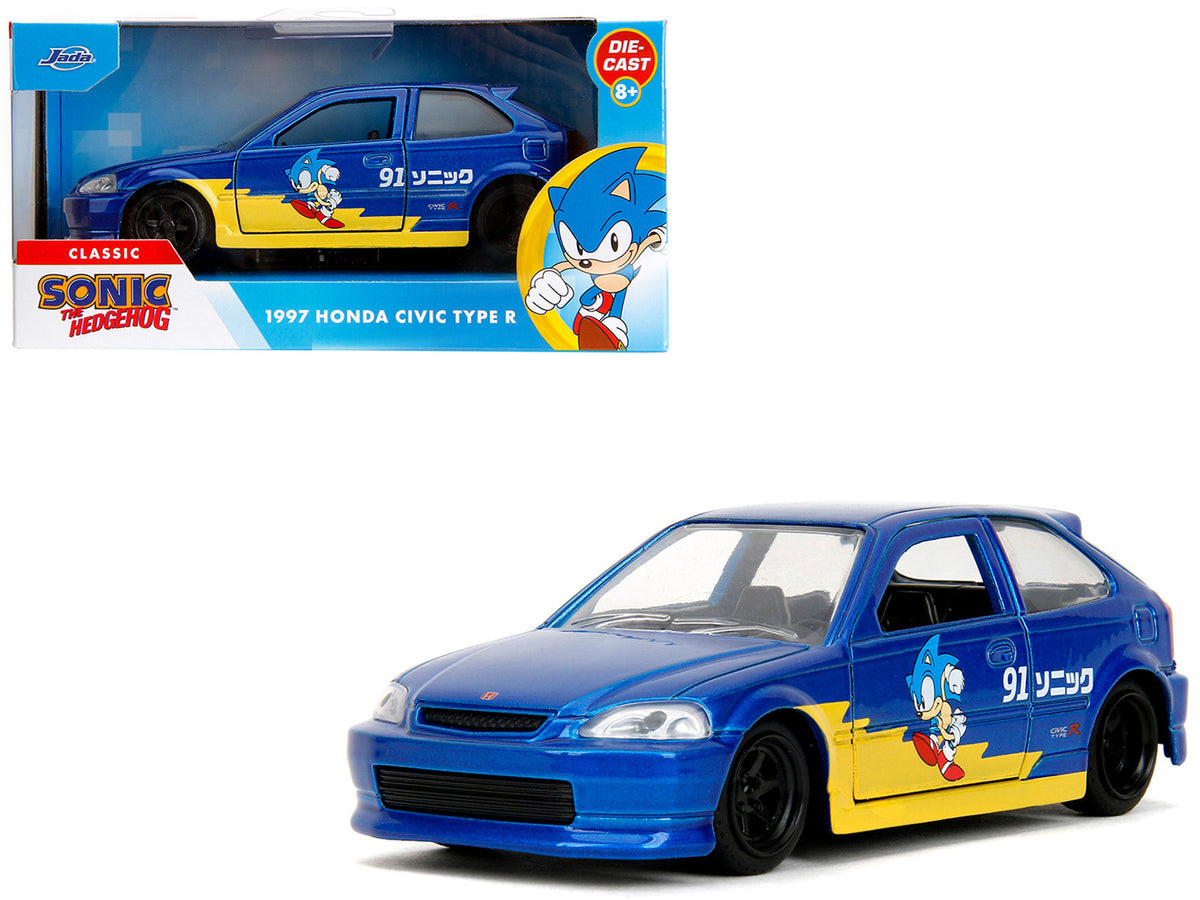 1997 Honda Civic Type R Blue Metallic with Graphics 'Sonic the Hedgehog' (1991) Video Game 'Hollywood Rides' Series 1/32 Diecast Model Car by Jada