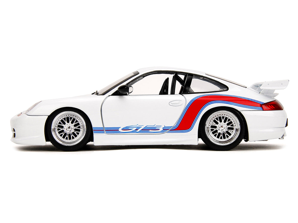 Porsche 911 GT3 (996) White with Red and Blue Stripes 'Hyper-Spec' Series 1/24 Diecast Model Car by Jada