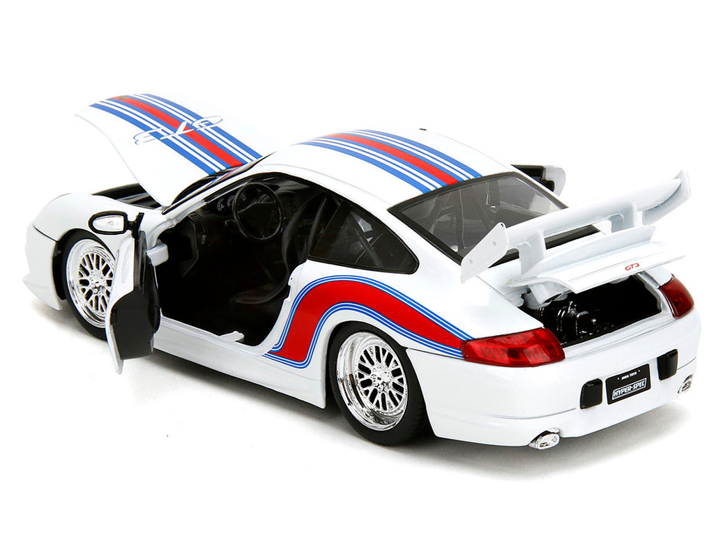 Porsche 911 GT3 (996) White with Red and Blue Stripes 'Hyper-Spec' Series 1/24 Diecast Model Car by Jada
