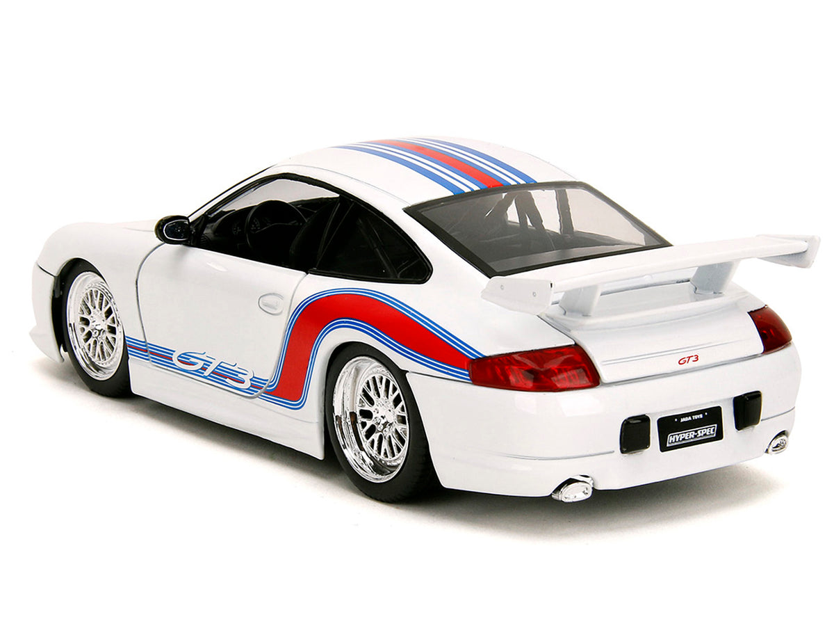 Porsche 911 GT3 (996) White with Red and Blue Stripes 'Hyper-Spec' Series 1/24 Diecast Model Car by Jada
