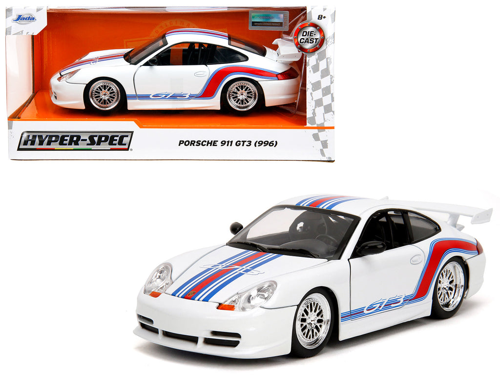Porsche 911 GT3 (996) White with Red and Blue Stripes 'Hyper-Spec' Series 1/24 Diecast Model Car by Jada