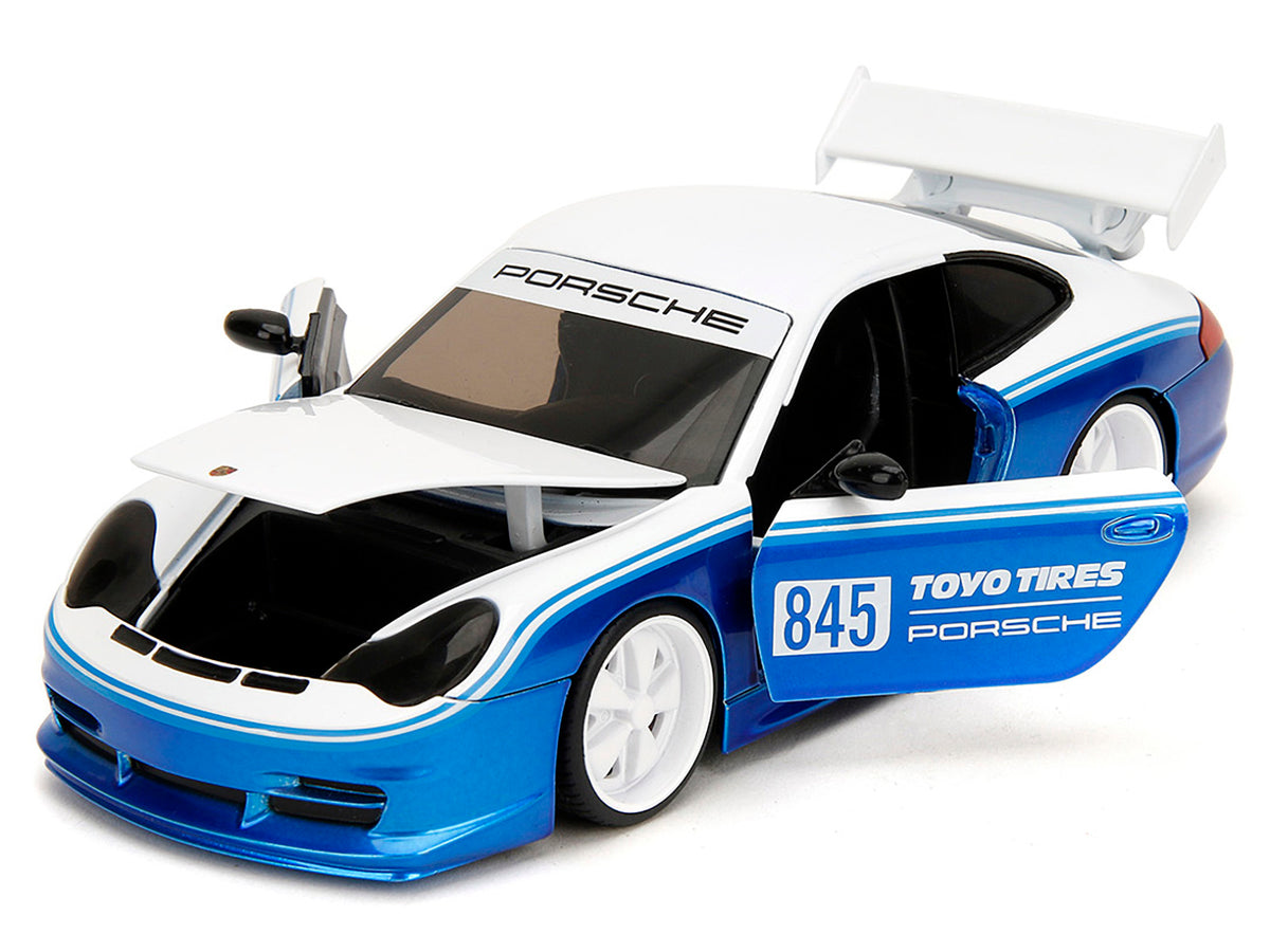 Porsche 911 GT3 RS (996) #845 White and Blue Metallic 'Toyo Tires' 'Hyper-Spec' Series 1/24 Diecast Model Car by Jada