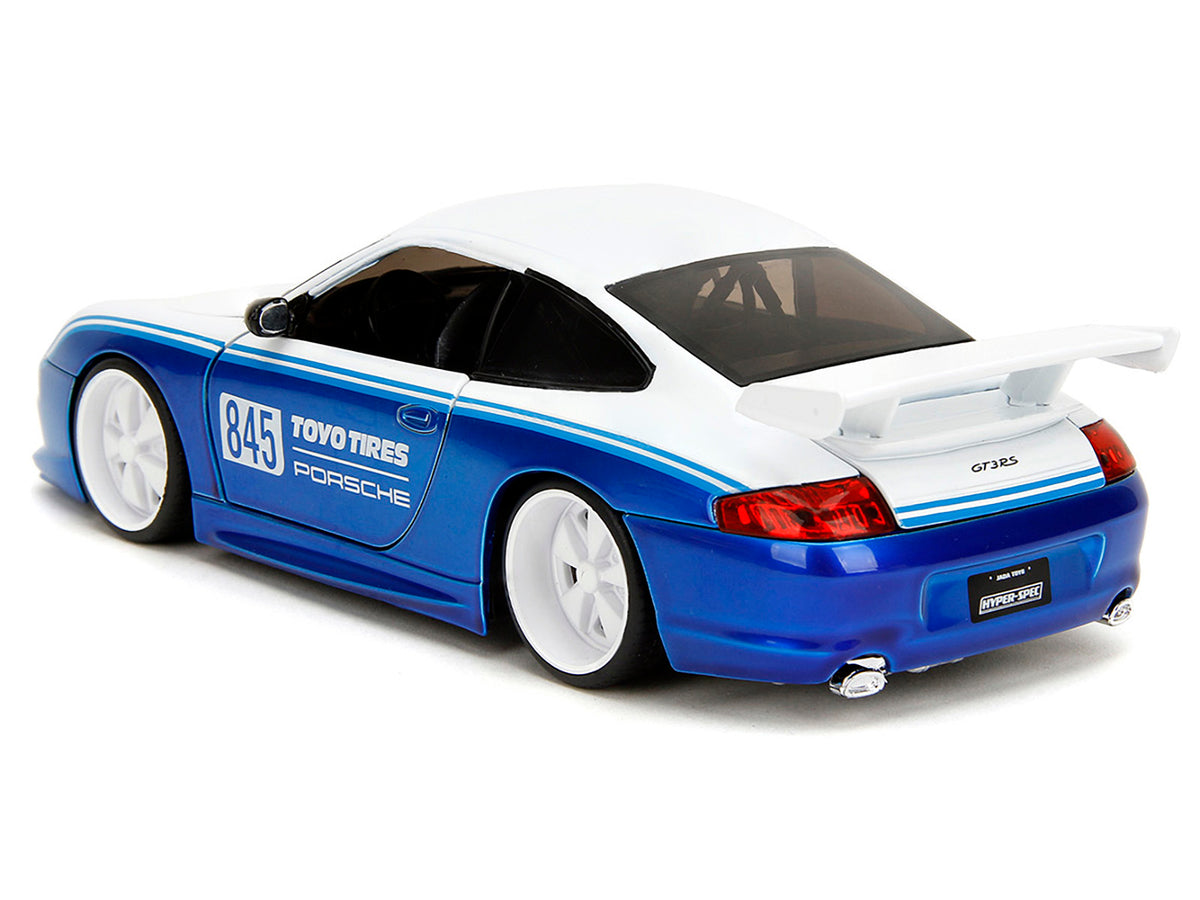 Porsche 911 GT3 RS (996) #845 White and Blue Metallic 'Toyo Tires' 'Hyper-Spec' Series 1/24 Diecast Model Car by Jada