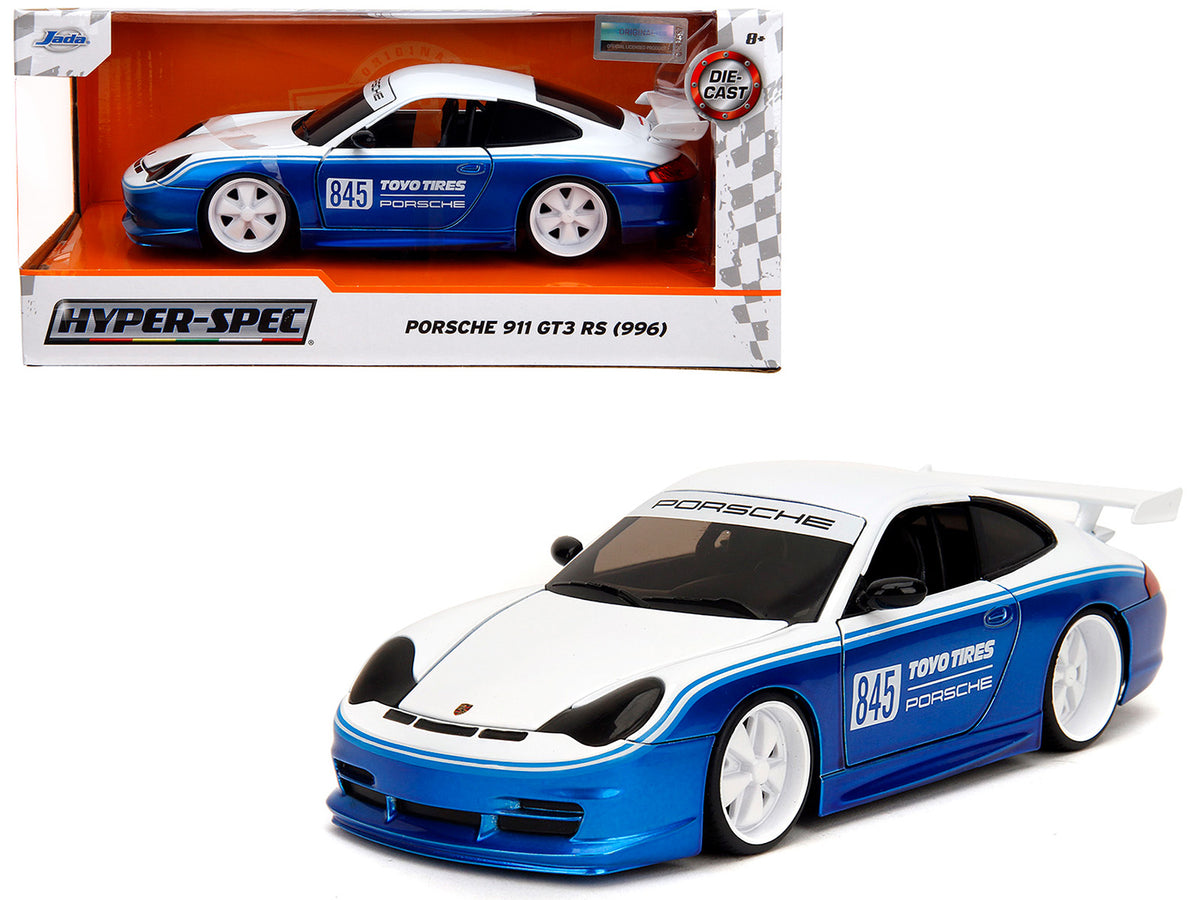 Porsche 911 GT3 RS (996) #845 White and Blue Metallic 'Toyo Tires' 'Hyper-Spec' Series 1/24 Diecast Model Car by Jada