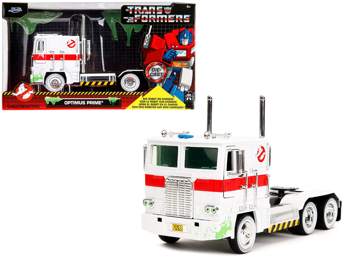 G1 Autobot Optimus Prime Truck White with Robot on Chassis from 'Transformers' TV Series - 'Ghostbusters' (1984) Movie Crossover 'Hollywood Rides' Series 1/24 Diecast Model by Jada