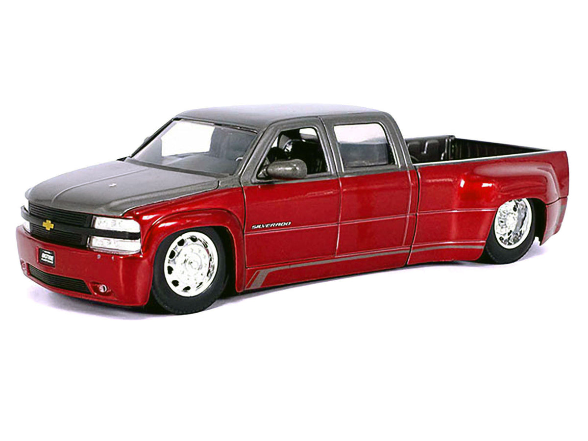 1999 Chevrolet Silverado Dually Pickup Truck Red Metallic and Gray with Stock Wheels 'Just Trucks' Series 1/24 Diecast Model Car by Jada