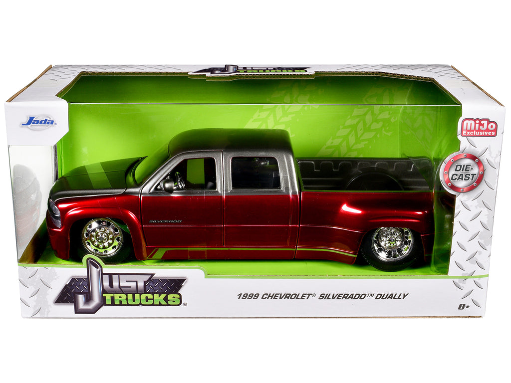 1999 Chevrolet Silverado Dually Pickup Truck Red Metallic and Gray with Stock Wheels 'Just Trucks' Series 1/24 Diecast Model Car by Jada