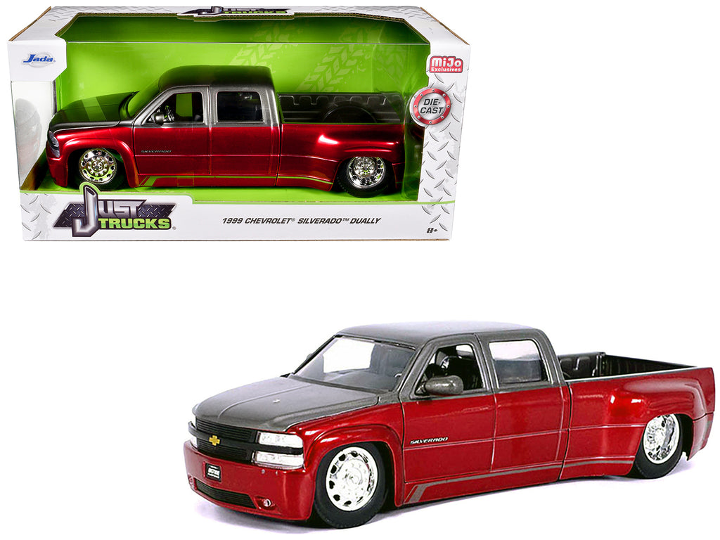 1999 Chevrolet Silverado Dually Pickup Truck Red Metallic and Gray with Stock Wheels 'Just Trucks' Series 1/24 Diecast Model Car by Jada