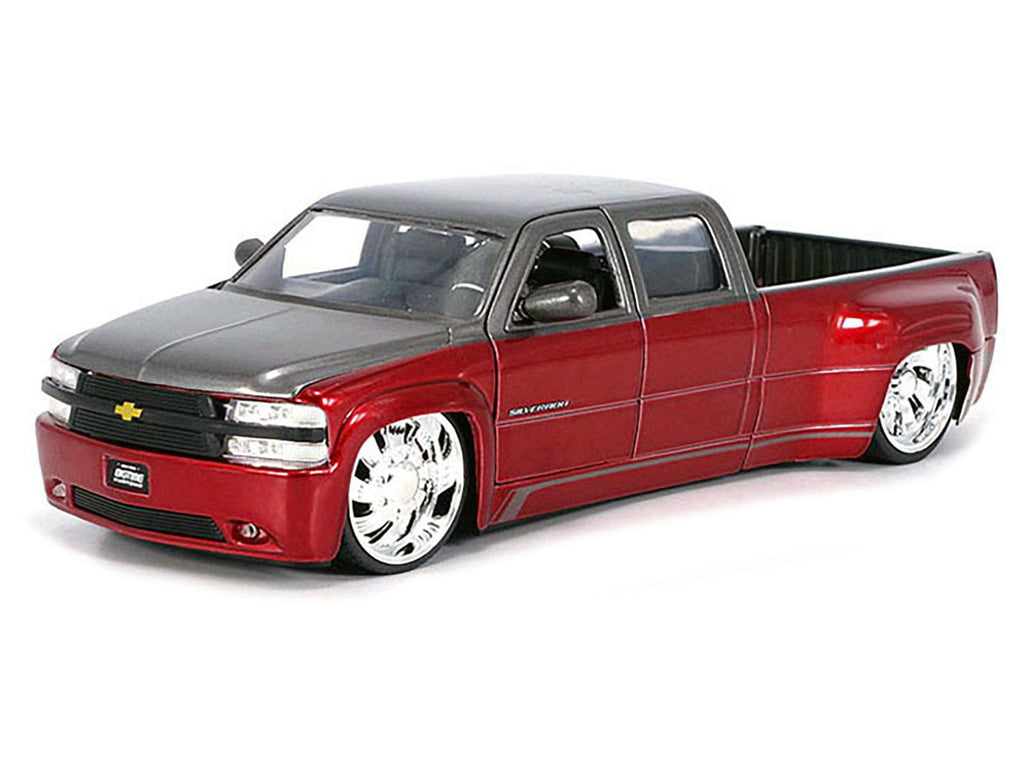 1999 Chevrolet Silverado Dually Pickup Truck Red Metallic and Gray with Custom KMC Wheels 'Just Trucks' Series 1/24 Diecast Model Car by Jada